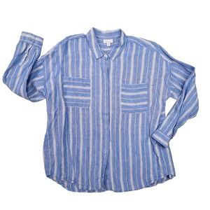 J. Jill Love Linen Blue White Striped Long Sleeve Button Up Shirt Women's Large